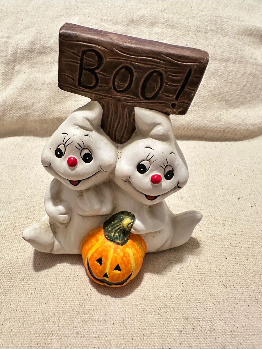 Vintage | Figurine | Vintage Halloween Ghost Duo Figurine with Pumpkin | White